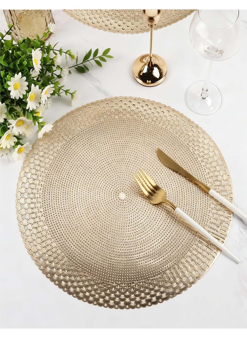 HomeNoor Round Metallic Gold Vinyl Placemats Set of 6, Luxury Radial Geometric Openwork Dining Table Mats, Waterproof Washable Heat-Resistant, 38 cm - Image 1