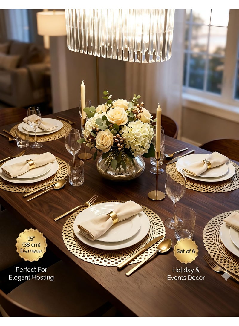 HomeNoor Round Metallic Gold Vinyl Placemats Set of 6, Luxury Radial Geometric Openwork Dining Table Mats, Waterproof Washable Heat-Resistant, 38 cm - Image 5