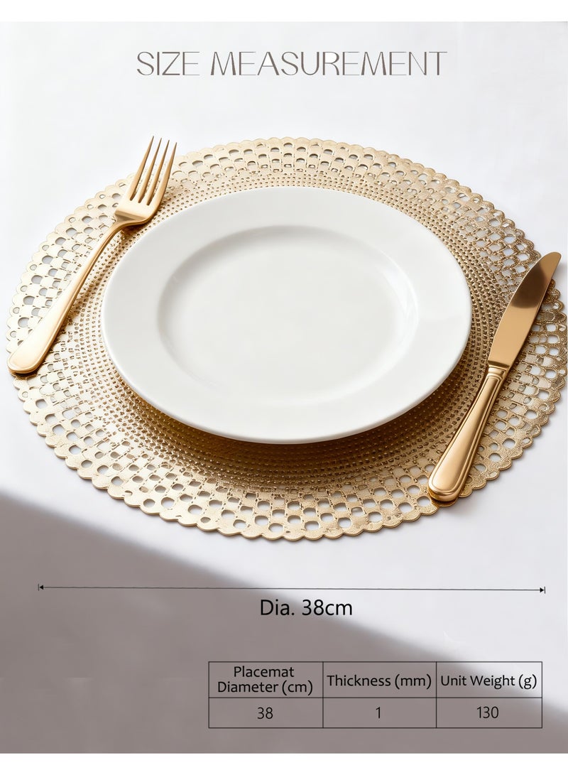 HomeNoor Round Metallic Gold Vinyl Placemats Set of 6, Luxury Radial Geometric Openwork Dining Table Mats, Waterproof Washable Heat-Resistant, 38 cm - Image 2