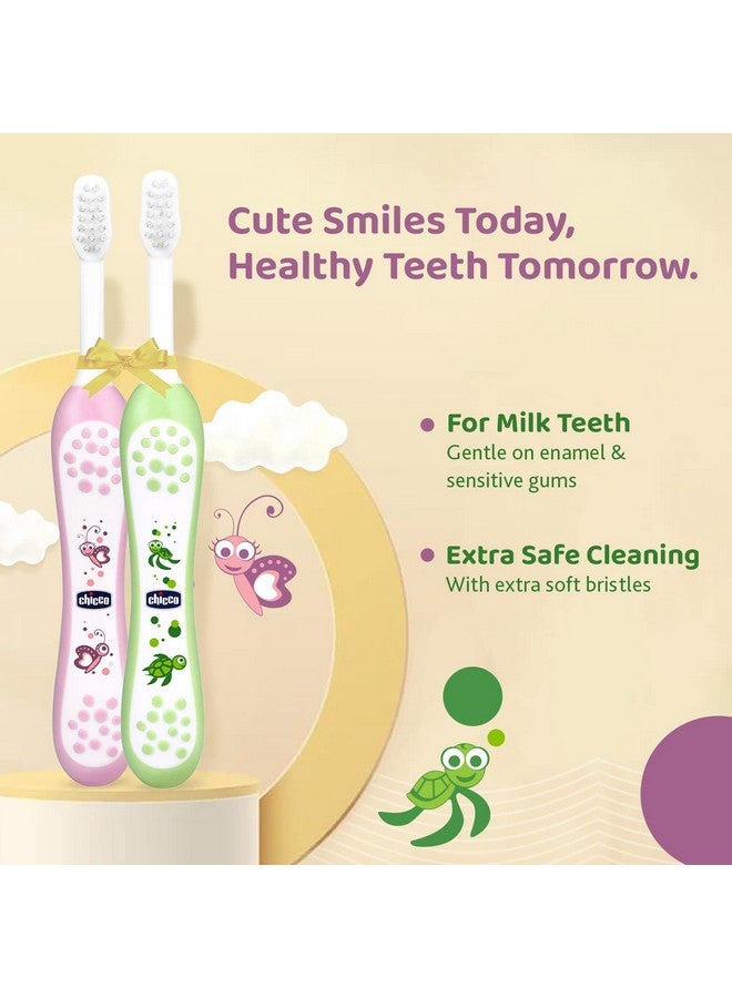 Chicco Baby Toothbrush For Infants (6M-36M), Set Of 2 | Extra Soft Tapered Bristles Ideal For Milk Teeth | Bpa Free (Blue, Green) - Image 2
