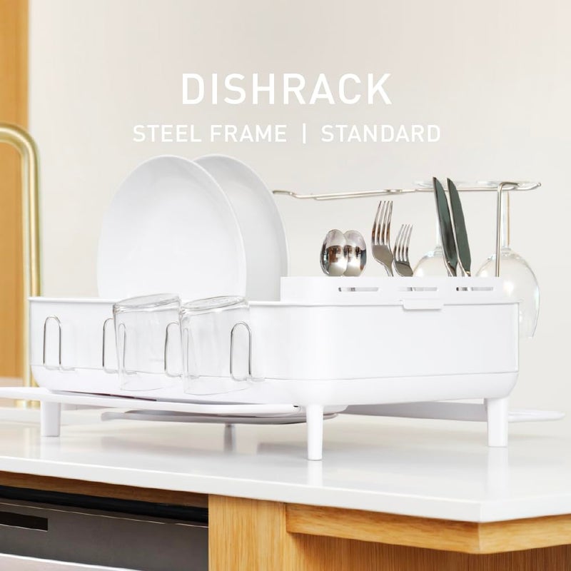 simplehuman Large Capacity Dish Drying Rack with Stainless Steel Frame, 360Âº Easy Drain Swivel Spout, Utensil & Wine Glass Holder, Anti-Residue Coating, Moisture Control Surface, White - Image 2