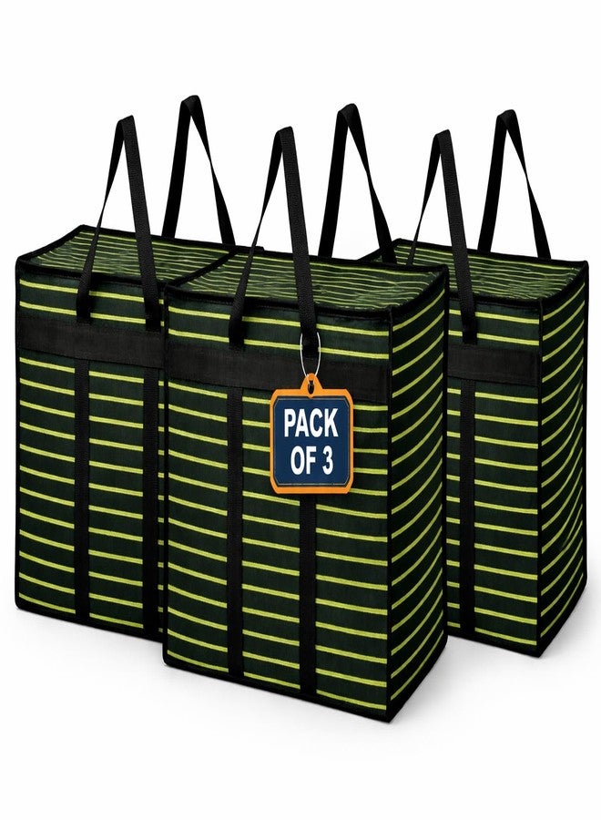 MOZU BAZAAR Multipurpose Extra Large Big Heavy Duty Storage Organizer Reusable Canvas Shopper Bag with Strong Handles and Base with Covers Zip (Black Green Lining, Pack Of 3) - Image 1