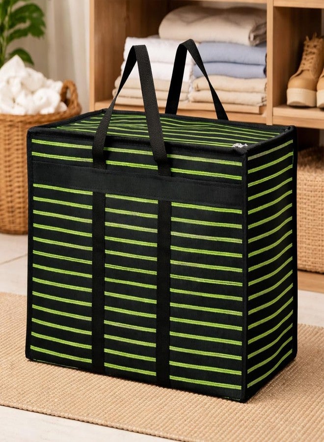 MOZU BAZAAR Multipurpose Extra Large Big Heavy Duty Storage Organizer Reusable Canvas Shopper Bag with Strong Handles and Base with Covers Zip (Black Green Lining, Pack Of 3) - Image 4