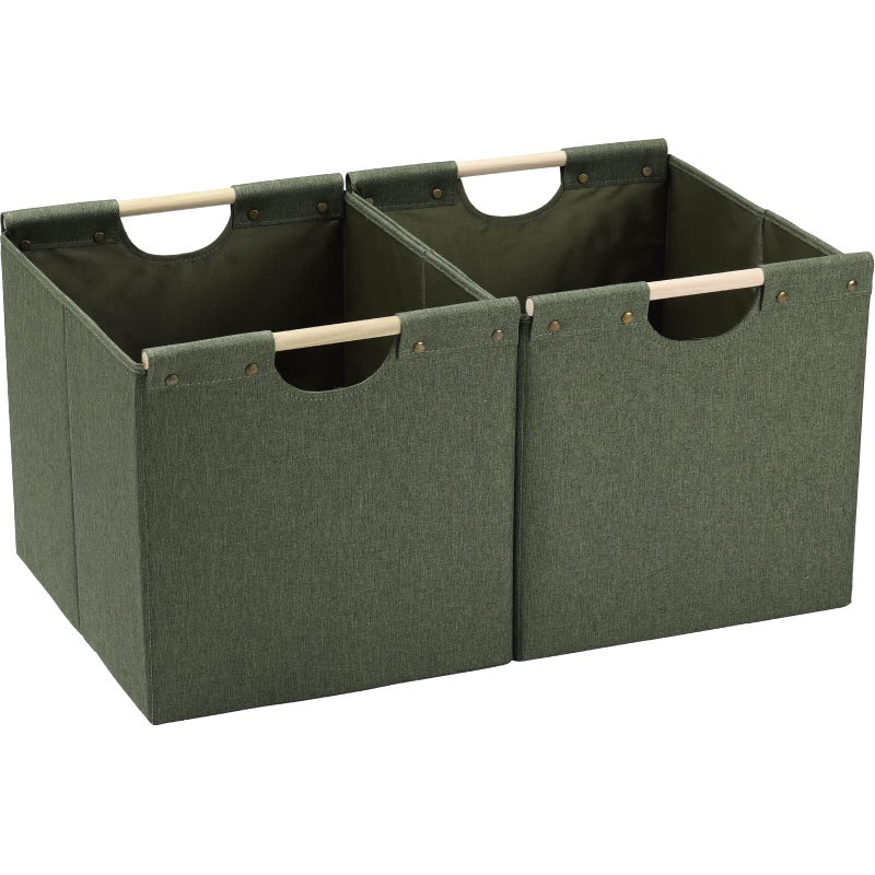 HOONEX HOONEX Large Collapsible Storage Bins Linen Fabric Pack of 2 Storage Baskets with Wooden Carry Handles and Sturdy Heavy Cardboard for Home Office Car Nursery Olive