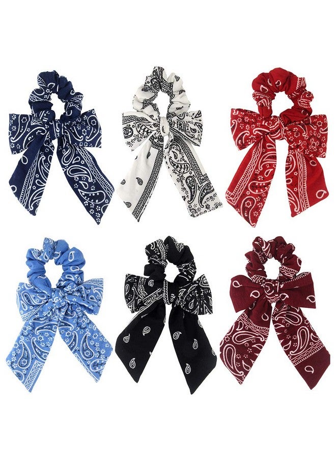 Cutewing Paisley Hair Scrunchies With Bow Hair Scarves Scrunchy Ponytail Holder Elastics Hair Bands Ribbon Hair Tie For Women Girls With 6Pcs - Image 1