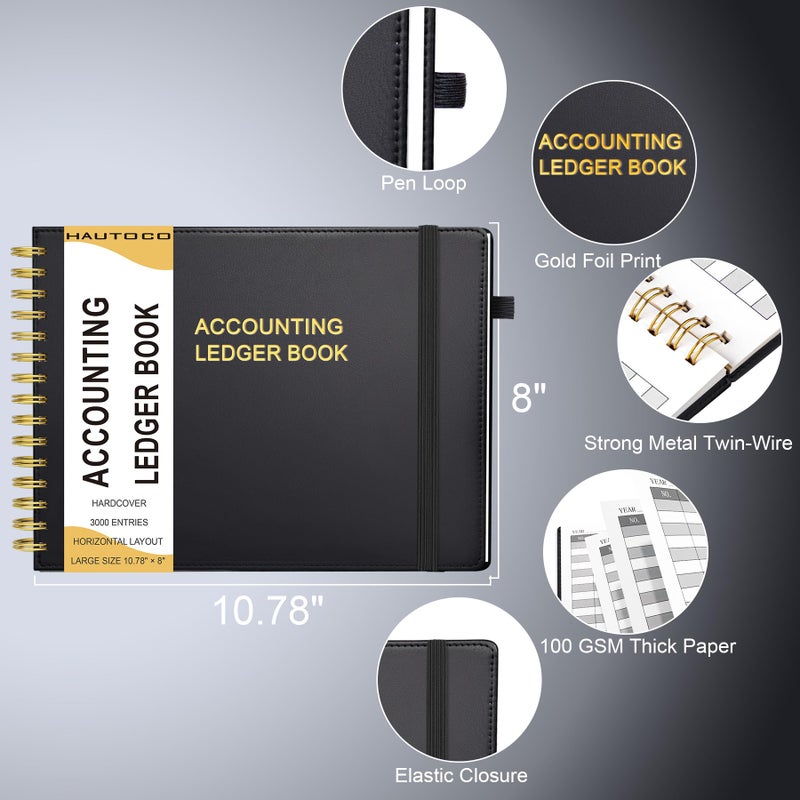 HAUTOCO Hardcover Accounting Ledger Book for Small Business Bookkeeping Horizontal Money Expense Tracker Notebook with 2 Storage Pouch, Personal Columnar Log Journal 10.78 x 8'', Black - Image 3
