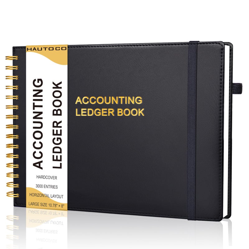 HAUTOCO Hardcover Accounting Ledger Book for Small Business Bookkeeping Horizontal Money Expense Tracker Notebook with 2 Storage Pouch, Personal Columnar Log Journal 10.78 x 8'', Black - Image 1