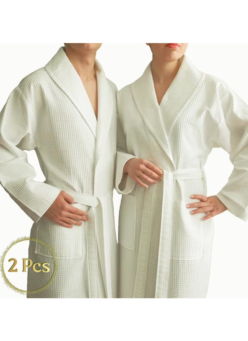 MAXQON Pack Of 2 - Bathrobes (Unisex) - 100% Cotton Waffle Highly Absorbent Super Soft Bathrobes For Women & Men- Adult Size, Color White  - Image 1