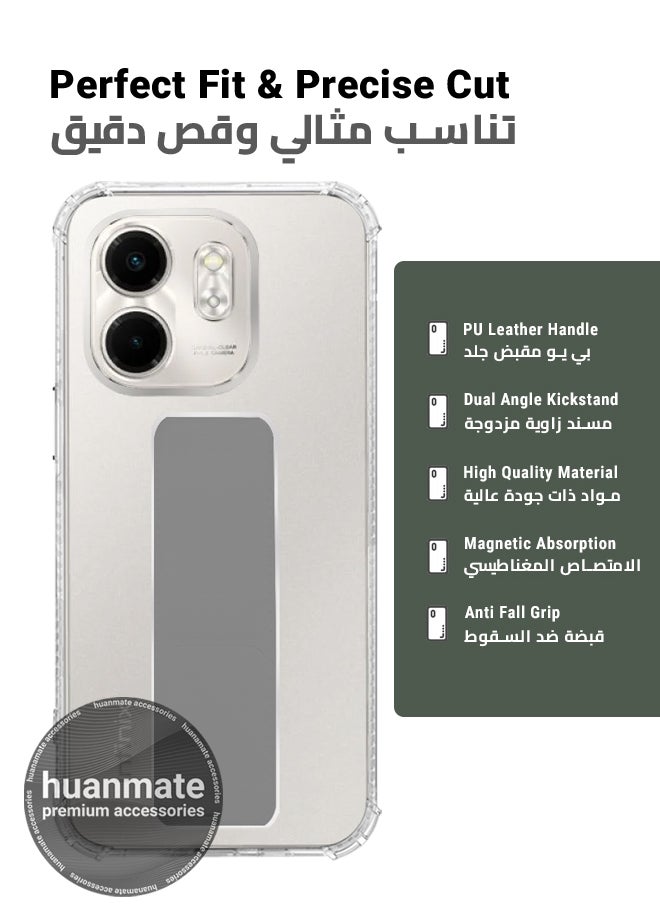هووانميت حافظة لهاتف إنفينيكس سمارت 9، حافظة مغناطيسية ممتازة مع حامل مقبض يدوي ومسند - غطاء أنيق وعملي لقبضة معززة وراحة مطلقة وتجربة مشاهدة بدون استخدام اليدين - شفاف/أرمادي  - Image 2