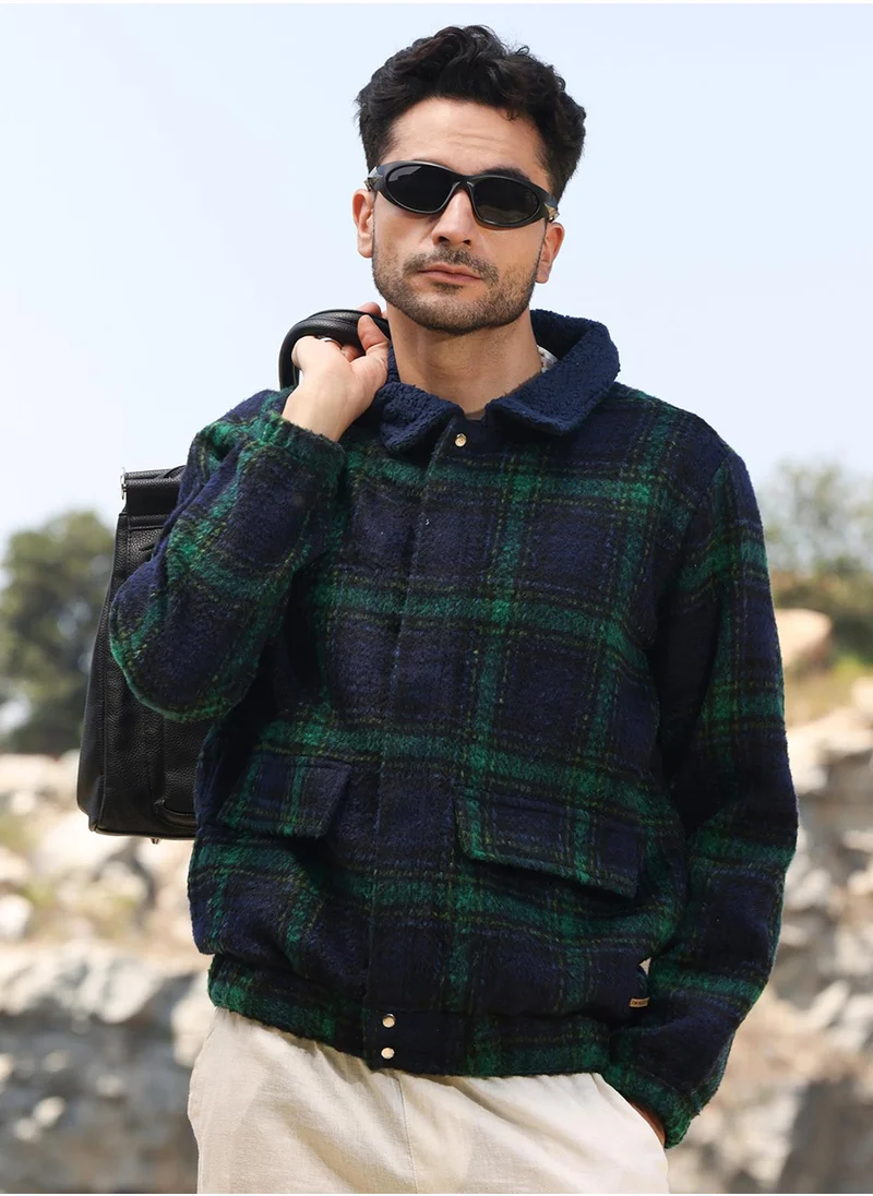 Campus Sutra Men's Navy Blue & Green Tartan Plaid Jacket With Fleece Collar