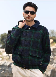 Campus Sutra Men's Navy Blue & Green Tartan Plaid Jacket With Fleece Collar  - Image 1
