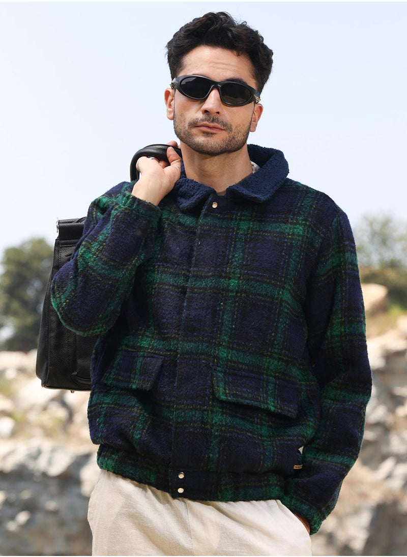 كامبوس سوترا Men's Navy Blue & Green Tartan Plaid Jacket With Fleece Collar  - Image 1