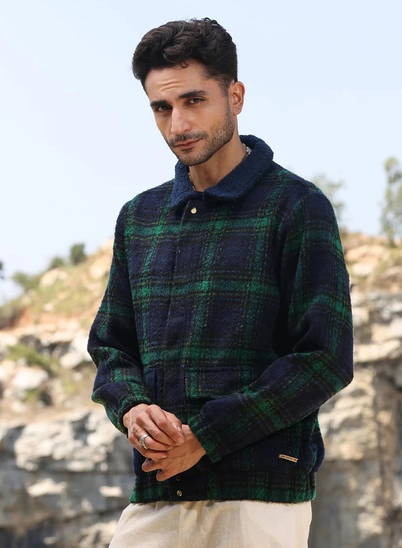 كامبوس سوترا Men's Navy Blue & Green Tartan Plaid Jacket With Fleece Collar