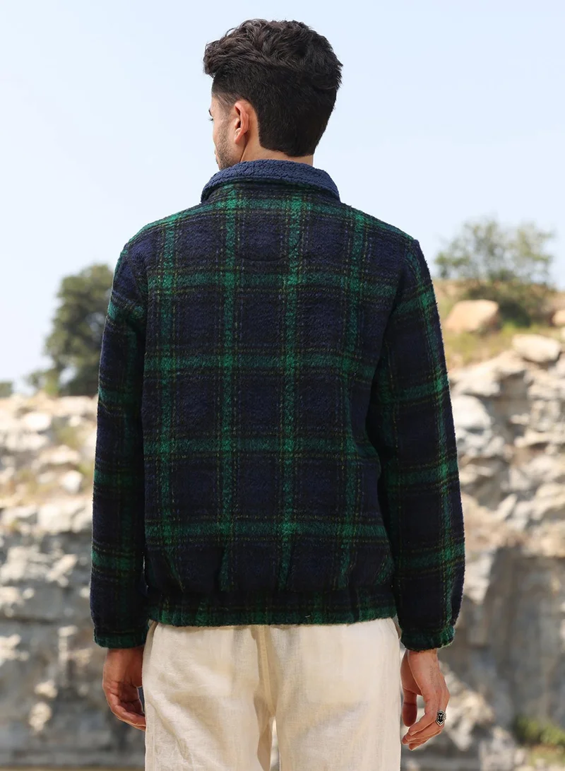 كامبوس سوترا Men's Navy Blue & Green Tartan Plaid Jacket With Fleece Collar