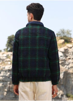 Campus Sutra Men's Navy Blue & Green Tartan Plaid Jacket With Fleece Collar  - Image 5
