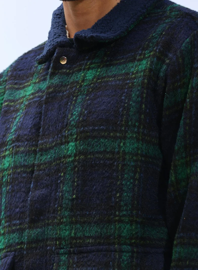 كامبوس سوترا Men's Navy Blue & Green Tartan Plaid Jacket With Fleece Collar