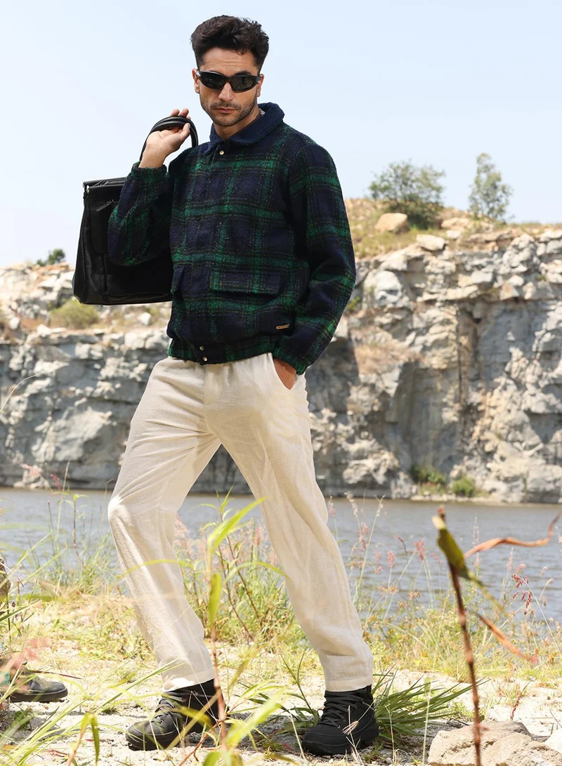 كامبوس سوترا Men's Navy Blue & Green Tartan Plaid Jacket With Fleece Collar