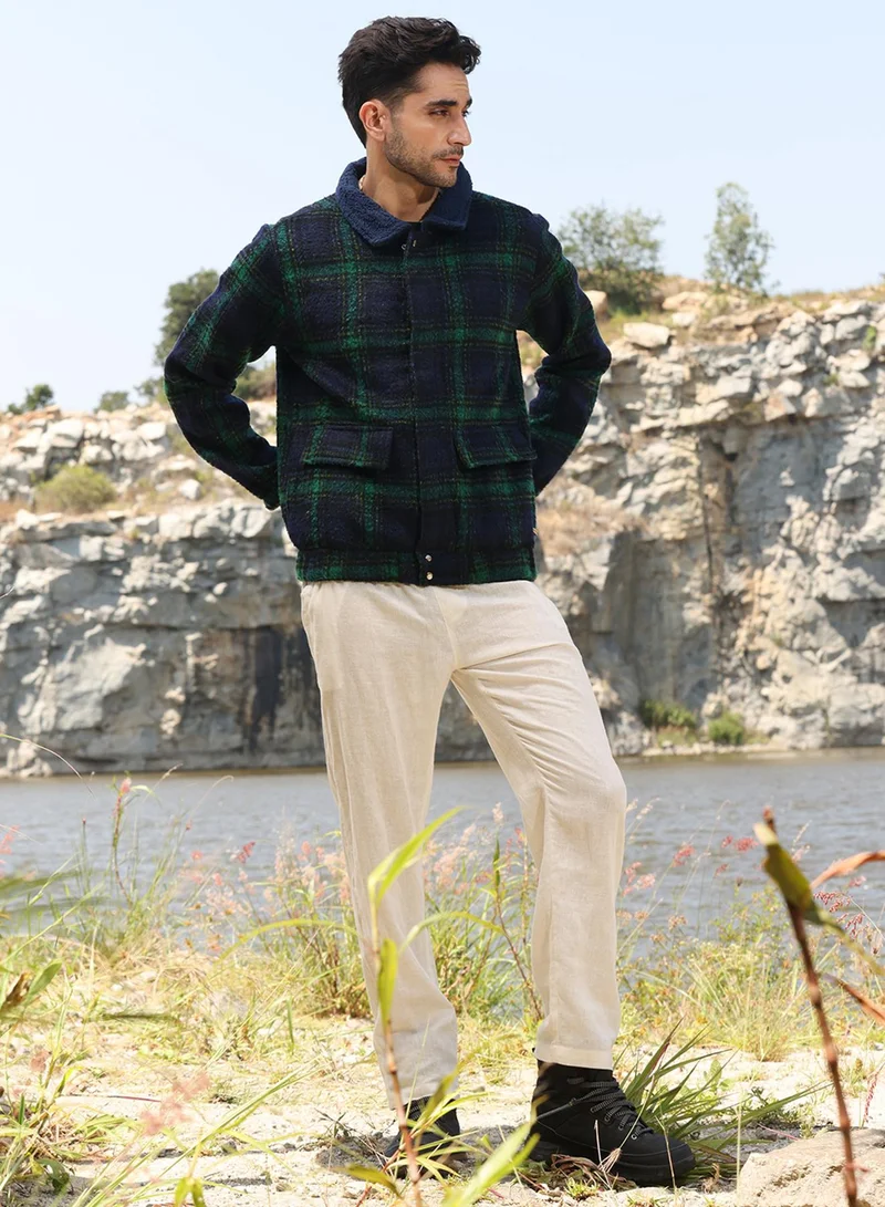 كامبوس سوترا Men's Navy Blue & Green Tartan Plaid Jacket With Fleece Collar