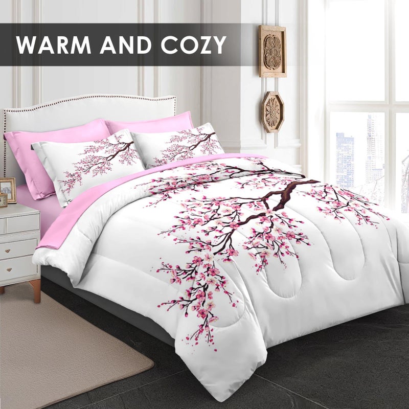 Pamnest Comforter Set Queen Size, Japanese Cherry Blossom 7 Pcs Bedding for Kids and Adults, Flower Painting Pink Bed Sheet Sets with Fitted Sheet 2 Pillowcase & 2 Sham for Bedroom Bed Decor - Image 2