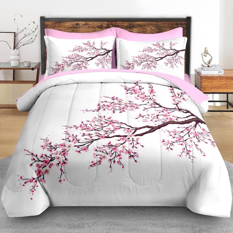 Pamnest Comforter Set Queen Size, Japanese Cherry Blossom 7 Pcs Bedding for Kids and Adults, Flower Painting Pink Bed Sheet Sets with Fitted Sheet 2 Pillowcase & 2 Sham for Bedroom Bed Decor - Image 3