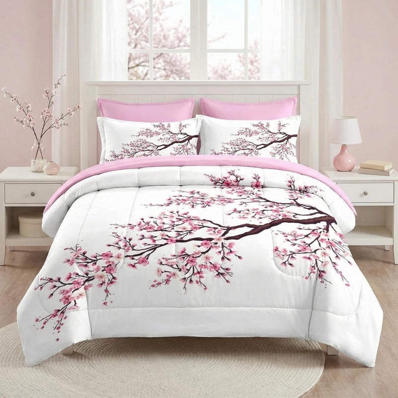 Pamnest Comforter Set Queen Size, Japanese Cherry Blossom 7 Pcs Bedding for Kids and Adults, Flower Painting Pink Bed Sheet Sets with Fitted Sheet 2 Pillowcase & 2 Sham for Bedroom Bed Decor - Image 1