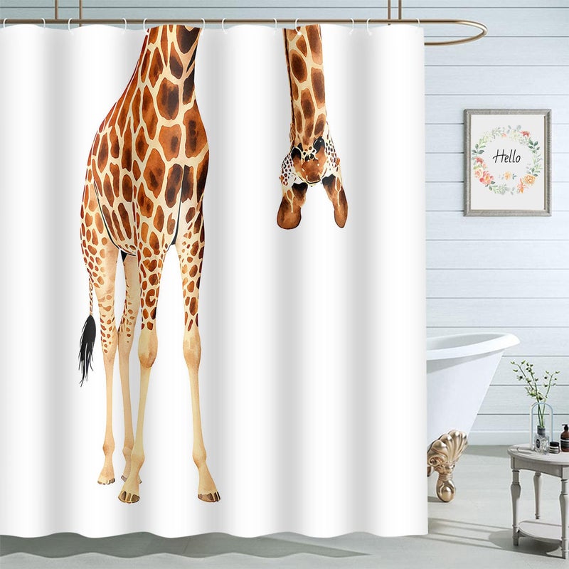 ستارة دش مزلون زرافة حيوانات برية بألوان مائية زرافة بني ريش أبيض ستائر دش منزلية زخرفية مقاومة للماء من قماش بوليستر مع خطافات 72x72 بوصة