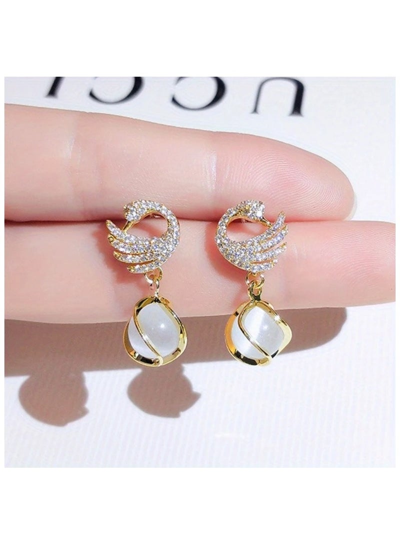 2pcs Swan Stud Earrings with Accents - Golden-Tone Elegant Jewelry for Women, Trendy Korean-Inspired Gift for Womens & Girls, Stylish Fashion Earrings, Sophisticated Style, Highend Accessories  - Image 1