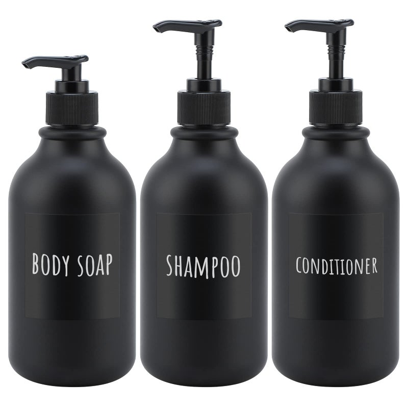 Segbeauty Segbeauty Matte Black Shampoo Dispenser 3pcs 169oz Refillable Press Pump Bottle with Labels 500ml Empty PET Bathroom Shower Container Lotion Dispenser for Conditioner Body Soap Hand Soap Liquid Gel 