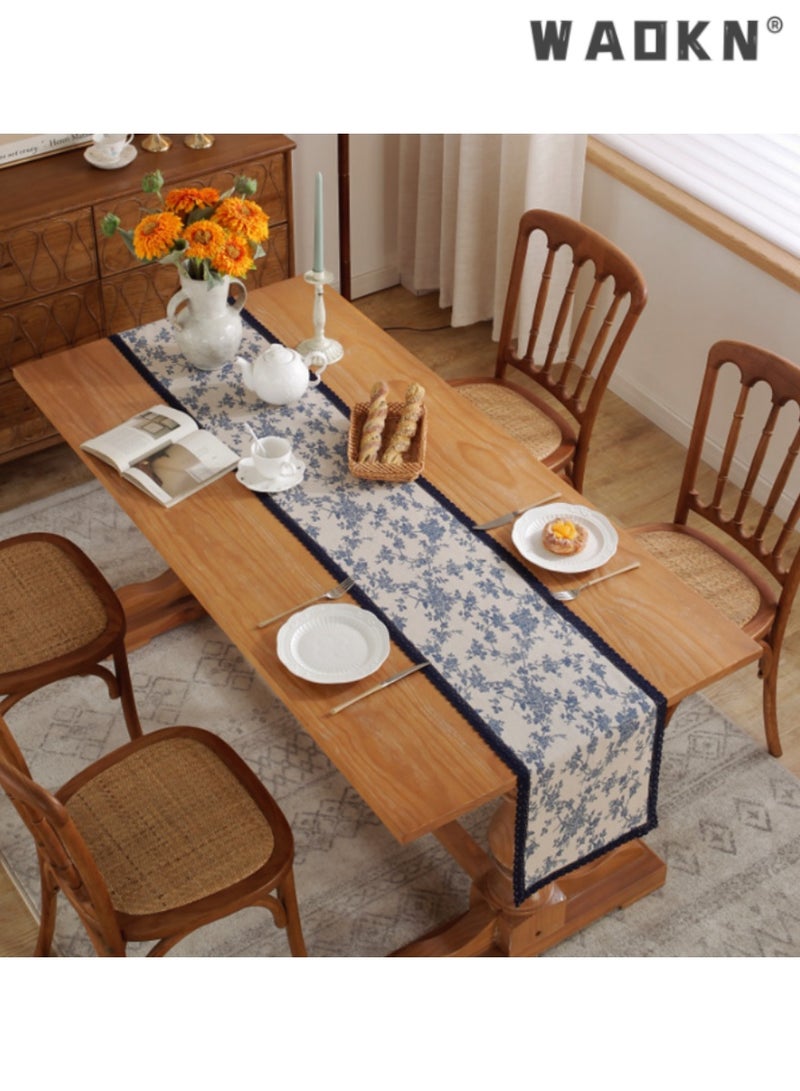 WAOKN Blue Floral Cotton Linen Single Layer Table Runner with Blue Border, Long Table Scarf for Dining Tables, Enhances Home Decor, Ideal for Daily Use and Special Events, Adds a Touch of Class,30*180 CM - Image 2