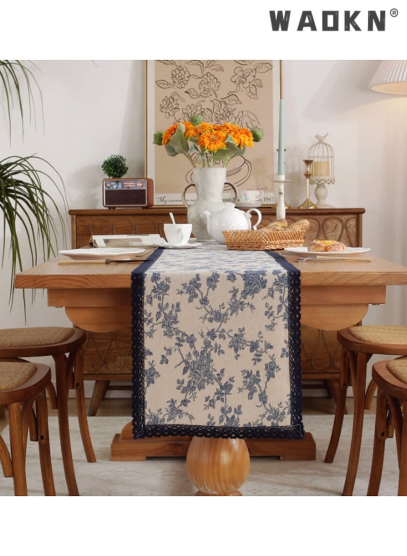 WAOKN Blue Floral Cotton Linen Single Layer Table Runner with Blue Border, Long Table Scarf for Dining Tables, Enhances Home Decor, Ideal for Daily Use and Special Events, Adds a Touch of Class,30*180 CM - Image 3