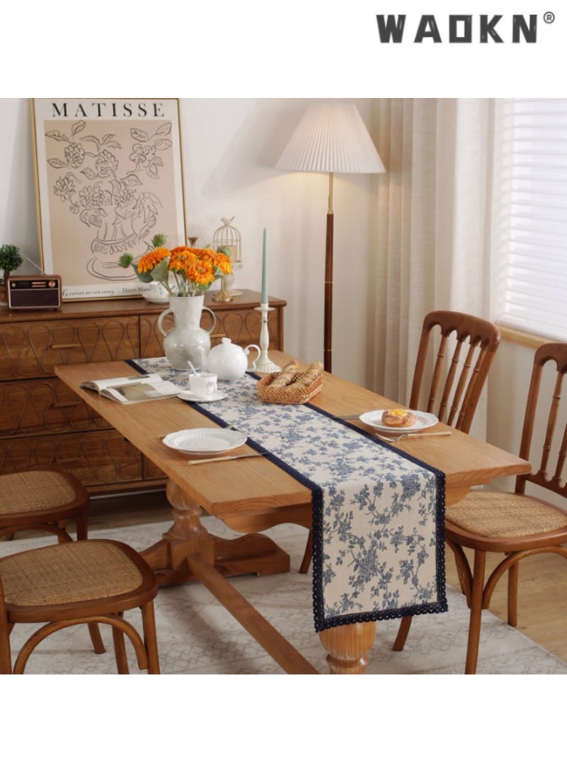WAOKN Blue Floral Cotton Linen Single Layer Table Runner with Blue Border, Long Table Scarf for Dining Tables, Enhances Home Decor, Ideal for Daily Use and Special Events, Adds a Touch of Class,30*180 CM - Image 1