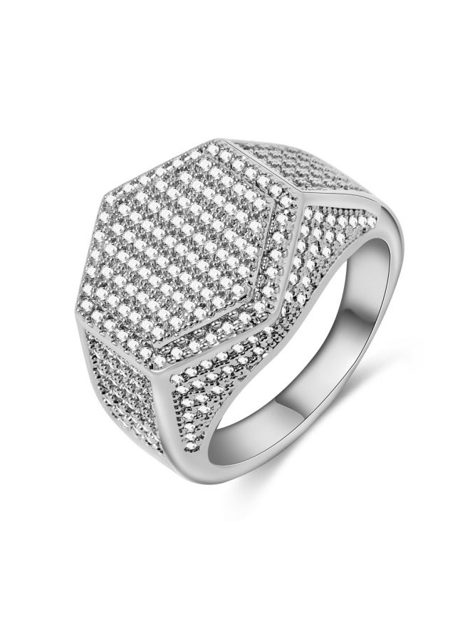 Luxury European And American Hip-hop Personalized Hexagonal Ring Micro-paved Zircon Fashion Trend Ring For Boys And Girls