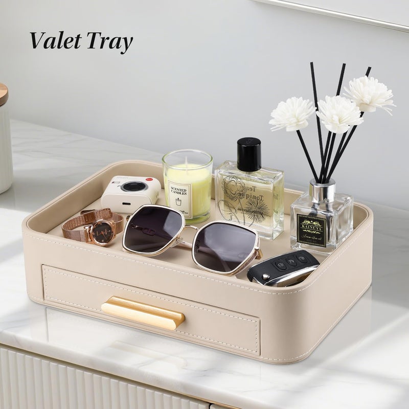 GORESE Valet Jewelry Tray Nightstand Organizer with Drawer, PU Leather Perfume Tray Trinket Trays for Vanity Bathroom Entryway, Catchall Trays for Key Purse Watch Cologne, Gift for Women Men, Beige - Image 2