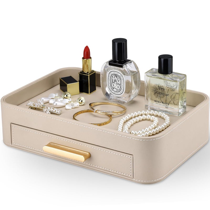 GORESE Valet Jewelry Tray Nightstand Organizer with Drawer, PU Leather Perfume Tray Trinket Trays for Vanity Bathroom Entryway, Catchall Trays for Key Purse Watch Cologne, Gift for Women Men, Beige - Image 1