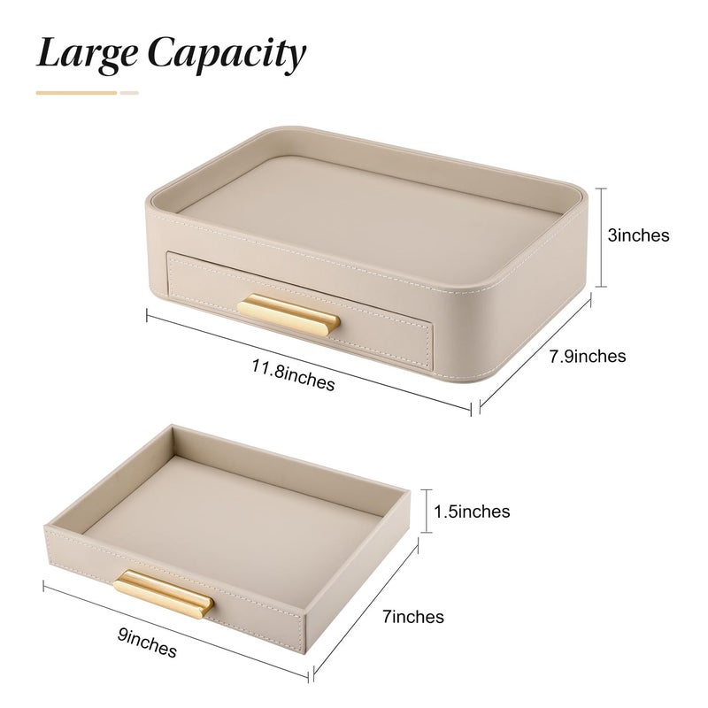 GORESE Valet Jewelry Tray Nightstand Organizer with Drawer, PU Leather Perfume Tray Trinket Trays for Vanity Bathroom Entryway, Catchall Trays for Key Purse Watch Cologne, Gift for Women Men, Beige - Image 3