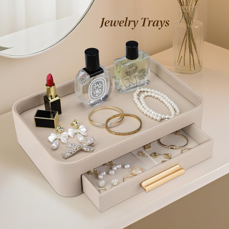 GORESE Valet Jewelry Tray Nightstand Organizer with Drawer, PU Leather Perfume Tray Trinket Trays for Vanity Bathroom Entryway, Catchall Trays for Key Purse Watch Cologne, Gift for Women Men, Beige - Image 5