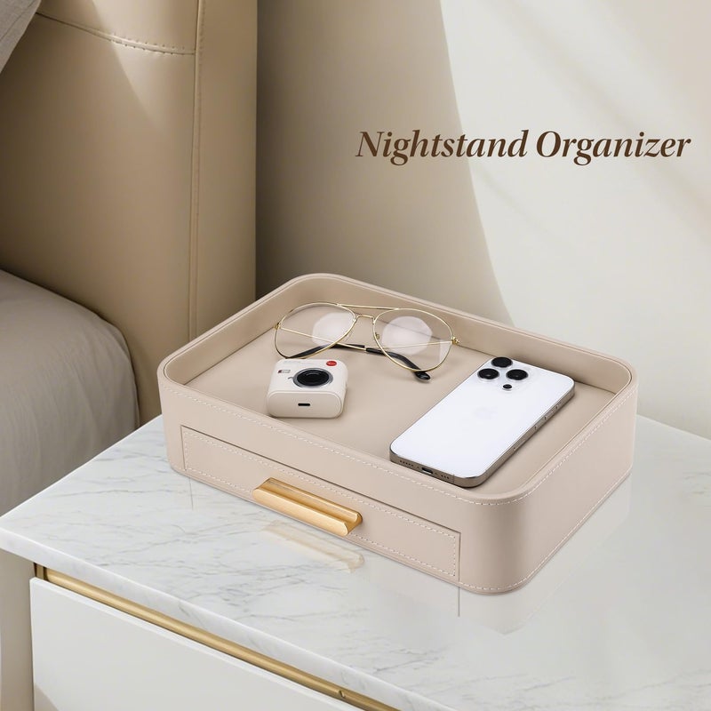 GORESE Valet Jewelry Tray Nightstand Organizer with Drawer, PU Leather Perfume Tray Trinket Trays for Vanity Bathroom Entryway, Catchall Trays for Key Purse Watch Cologne, Gift for Women Men, Beige - Image 4