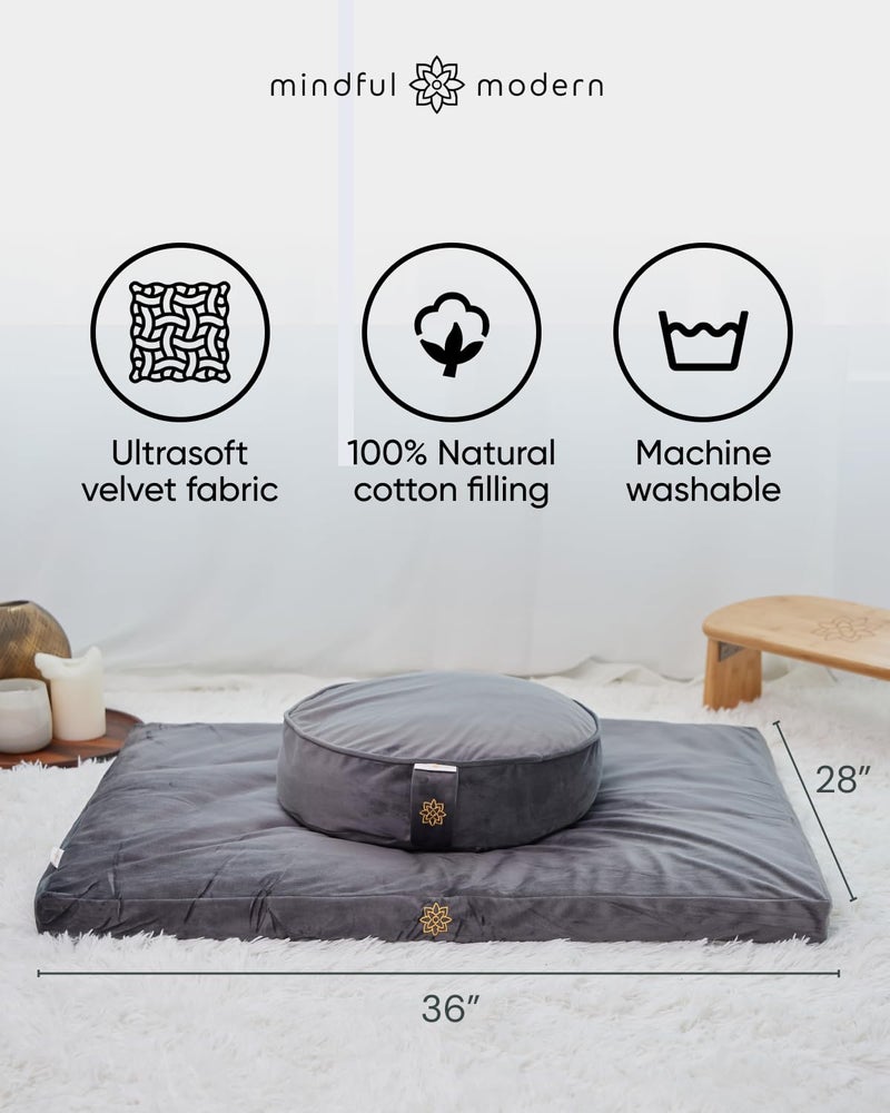 Mindful Modern Velvet Zabuton Meditation Mat | Large Rectangular Yoga Floor Cushion Pillow for Kneeling or Sitting Support | Removable Washable Cover | Perfect Zafu or Bench Complement | Color Grey - Image 3