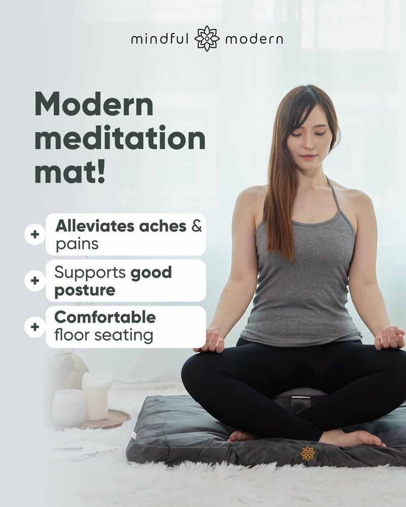 Mindful Modern Velvet Zabuton Meditation Mat | Large Rectangular Yoga Floor Cushion Pillow for Kneeling or Sitting Support | Removable Washable Cover | Perfect Zafu or Bench Complement | Color Grey - Image 2