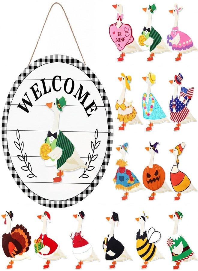 Memorywuu 16 Pcs Interchangeable Goose Welcome Sign 12 Inch Holiday Seasonal Wooden Sign with Wooden Holiday Magnet Goose Pieces for Front Door Porch Wall Decor - Image 1