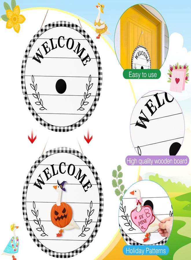 Memorywuu 16 Pcs Interchangeable Goose Welcome Sign 12 Inch Holiday Seasonal Wooden Sign with Wooden Holiday Magnet Goose Pieces for Front Door Porch Wall Decor - Image 3