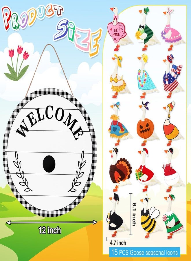 Memorywuu 16 Pcs Interchangeable Goose Welcome Sign 12 Inch Holiday Seasonal Wooden Sign with Wooden Holiday Magnet Goose Pieces for Front Door Porch Wall Decor - Image 2