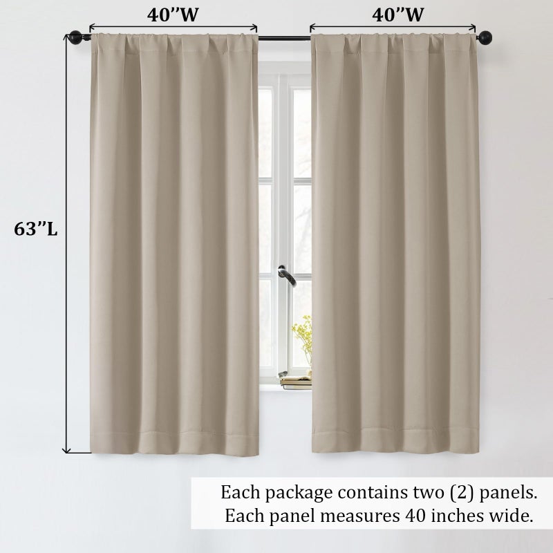 OWENIE Sally Blackout Curtains for Bedroom 63 Inch Length 2 Panels Set, Solid Thermal Insulated Room Darkening Rod Pocket Window Treatment Curtains Drapes, Biscotti Beige, W40 x L63 Inch - Image 2