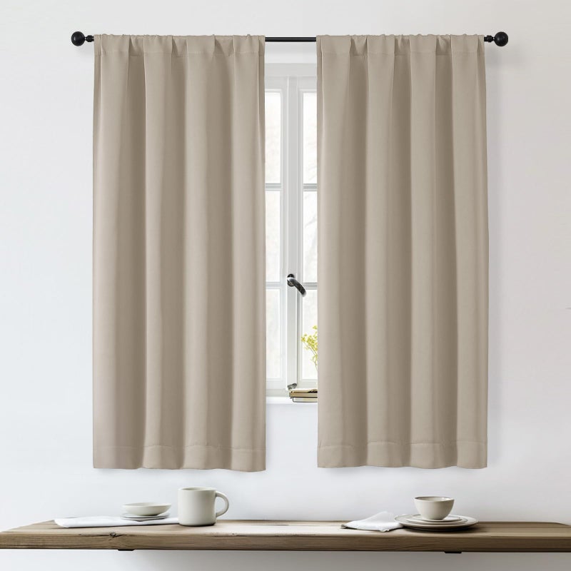 OWENIE Sally Blackout Curtains for Bedroom 63 Inch Length 2 Panels Set, Solid Thermal Insulated Room Darkening Rod Pocket Window Treatment Curtains Drapes, Biscotti Beige, W40 x L63 Inch - Image 1