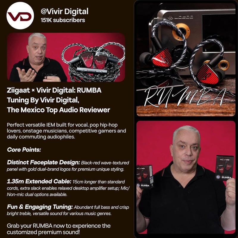 Linsoul Economical varied design options Linsoul ZiiGaat x Vivir Digital: RUMBA 10mm Graphene DD Driver IEM Earphones, HiFi Wired Earbuds with Powerful Sub Bass, Detachable 2-Pin Cable for Audiophile, Gaming, Music & Stage (With Mic) Fade proof - Image 3