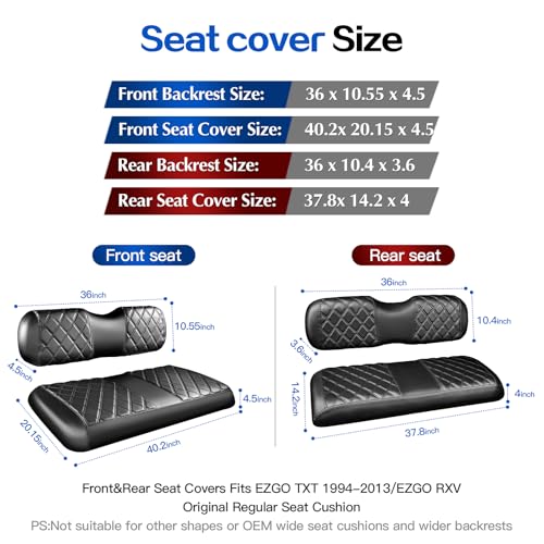 NOKINS 4PCS Golf Cart Diamond Seat Covers KitFront and Rear Seat Covers for Club Car PrecedentEZGO TXTYamaha Original Regular Seat Cushion BlackBlack Stitching Fit EZGO TXT 19942013 - Image 3