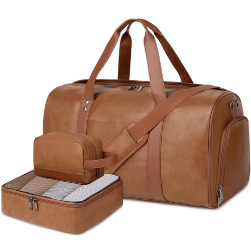 Wogarl 3PCS Leather Weekender Bag for Women Men Large Overnight Duffel Bag with Shoe Compartment Toiletry Packing Cube Carry On Bag Fit 21" Laptop (Light Brown) - Image 1