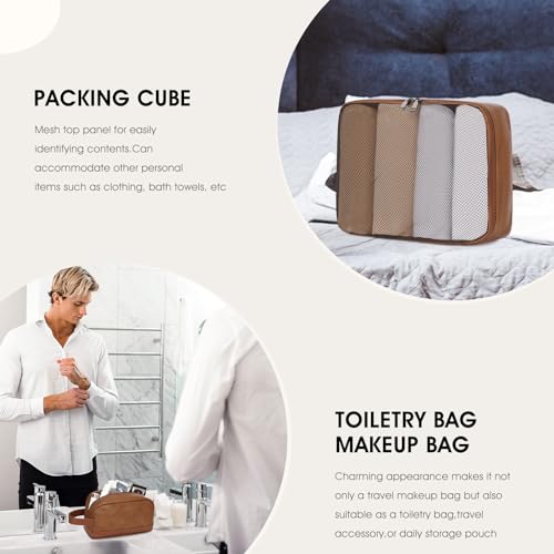 Wogarl 3PCS Leather Weekender Bag for Women Men Large Overnight Duffel Bag with Shoe Compartment Toiletry Packing Cube Carry On Bag Fit 21" Laptop (Light Brown) - Image 2