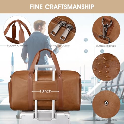 Wogarl 3PCS Leather Weekender Bag for Women Men Large Overnight Duffel Bag with Shoe Compartment Toiletry Packing Cube Carry On Bag Fit 21" Laptop (Light Brown) - Image 5