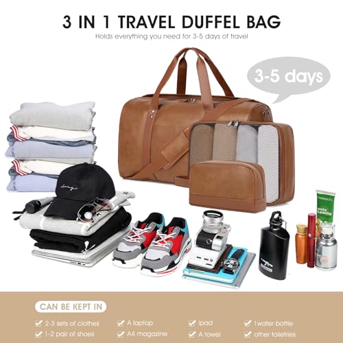 Wogarl 3PCS Leather Weekender Bag for Women Men Large Overnight Duffel Bag with Shoe Compartment Toiletry Packing Cube Carry On Bag Fit 21" Laptop (Light Brown) - Image 3